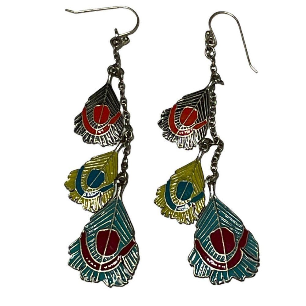 Silver tone enamel feather dangle earrings hook Boho
